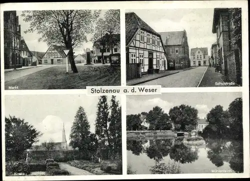 Ak Stolzenau an der Weser, Markt, Kirche, Mühlenteich, Schulstraße