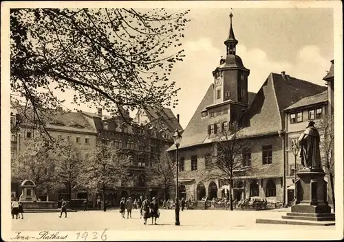 Ak Jena in Thüringen, Rathaus mit Ratskeller und Ratszeise, Bismarckbrunnen und Denkmal