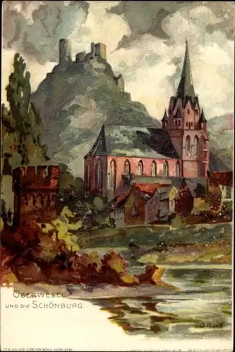 Künstler Litho Graf, C., Oberwesel am Rhein, Schönburg, Kirche, Flusspartie