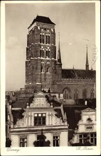 Ak Gdańsk Danzig, Blick auf St. Marien, Turm, Wohnhaus, Dächer