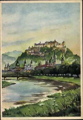 Künstler Ak H. Borchard, Salzburg in Österreich, Teilansicht mit Schloss