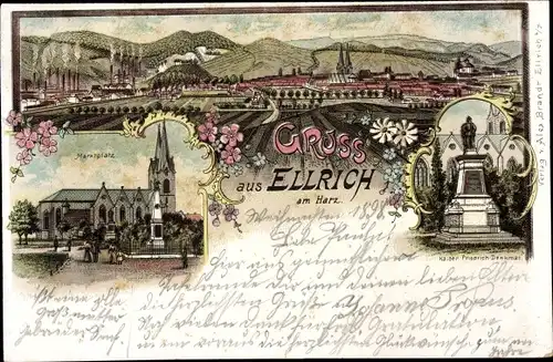 Litho Ellrich Harz Thüringen, Gesamtansicht, Marktplatz, Kaiser Friedrich Denkmal