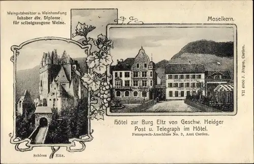 Ak Moselkern an der Mosel, Hotel zur Burg Eltz von Geschw. Heidger, Weinhandlung, Schloss