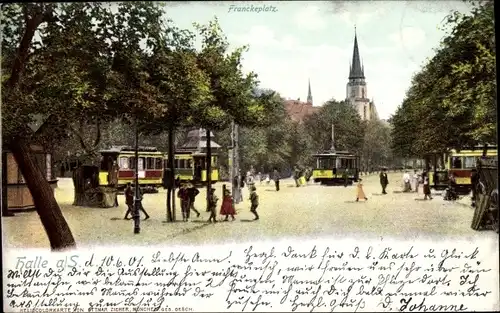 Ak Halle an der Saale, Franckeplatz, Straßenbahnen, Kirchturm