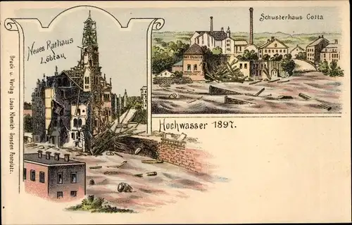 Litho Dresden Löbtau, Hochwasser 1897, Schusterhaus Cotta, Neues Rathaus