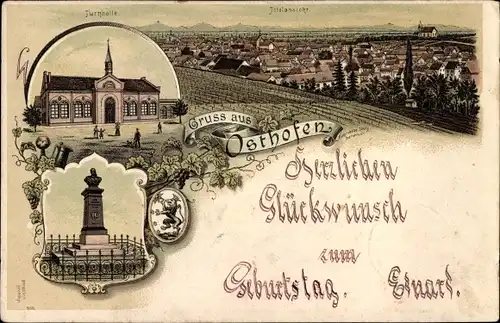 Litho Osthofen in Rheinhessen, Turnhalle, Denkmal Totalansicht