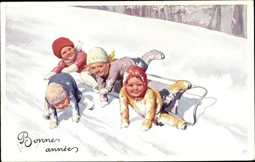 Künstler Ak Feiertag, Karl, vier Kinder bei Schlittenfahrt, Frohes Neujahr, BKWI 677