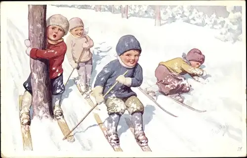 Künstler Ak Feiertag K., Kinder beim Skifahren, BKWI 677 6