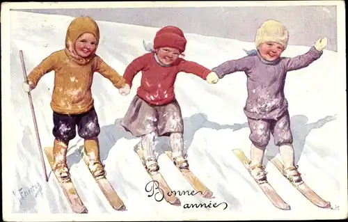 Künstler Ak Feiertag, Karl, Glückwunsch Neujahr, Drei Kinder auf Skiern, BKWI 677 3