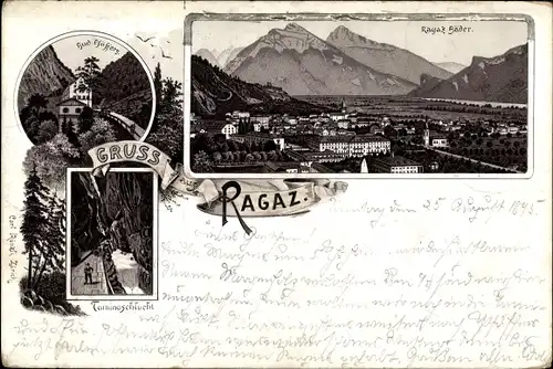 Vorläufer Litho Bad Ragaz Kanton St. Gallen, Gesamtansicht, Taminaschlucht, Bad Pfäffers, 1895