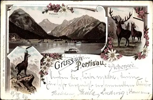 Litho Pertisau in Tirol Österreich, Partie am Achensee, Blick auf Ortschaft, Hirsch, Gemse