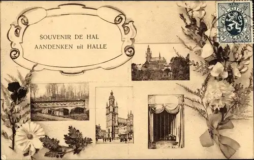 Ak Hal Flämisch Brabant Flandern, Blumenstrauß, Kirche, Brücke