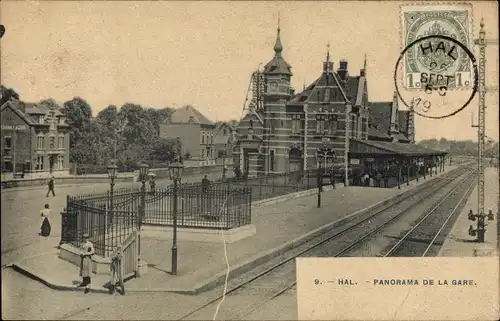 Ak Hal Flämisch Brabant Flandern, Panorama de la Gare