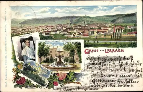 Ak Lörrach in Baden, Markgräflerin, Brunnen, Schloss, Blick auf den Ort