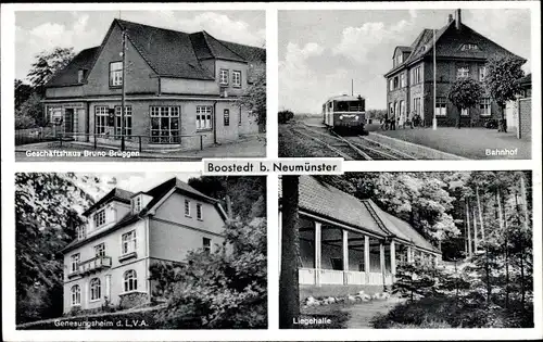 Ak Boostedt in Holstein, Geschäftshaus Bruno Brüggen, Bahnhof, Gleisseite, LVA Genesungsheim