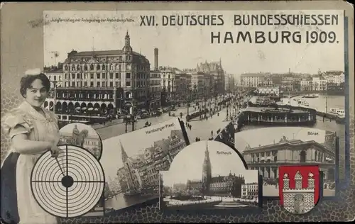Wappen Ak Hamburg Mitte Altstadt, XVI. Dt. Bundesschießen 1909, Jungfernstieg, Fleet, Rathaus
