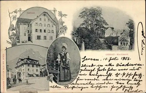 Ak Gersau Kanton Schwyz, Kindlimord, Hotel Gersauerhof, Rathaus, Frau in Tracht