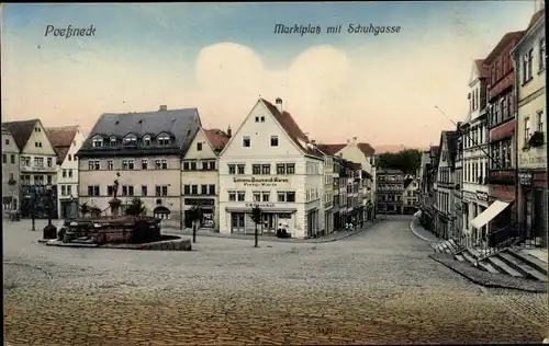 Ak Pößneck in Thüringen, Marktplatz mit Schuhgasse, Brunnen