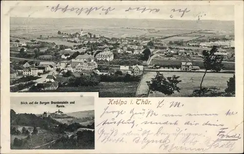 Ak Krölpa in Thüringen, Gesamtansicht, Blick auf die Burgen Brandenstein und Ranis