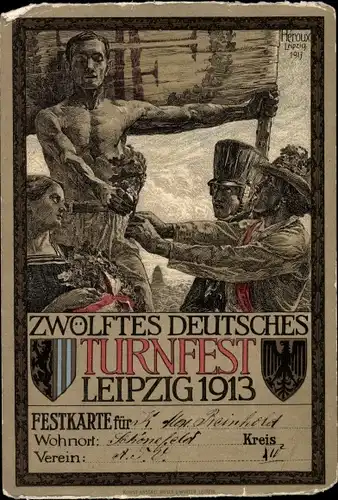 Künstler Wappen Ak Heroux, 12. Deutsches Turnfest Leipzig 1913, Turner verteilt Eichenblätter