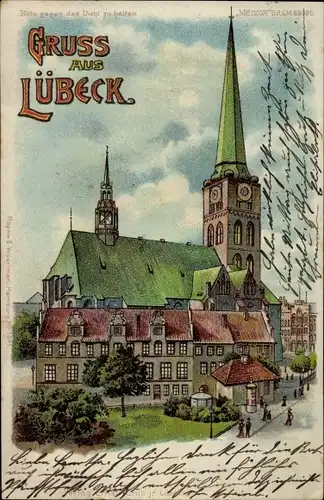 Halt gegen das Licht Litho Lübeck in Schleswig Holstein, Teilansicht mit Kirche