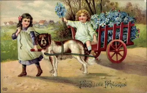 Ak Glückwunsch Pfingsten, Vergissmeinnicht, Kinder, Arbeitshund