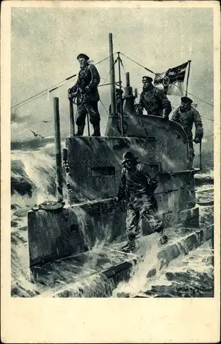 Künstler Ak Stöwer, Willy, Deutsches U Boot, auf dem Kommandoturm, U Boot Tag 1917