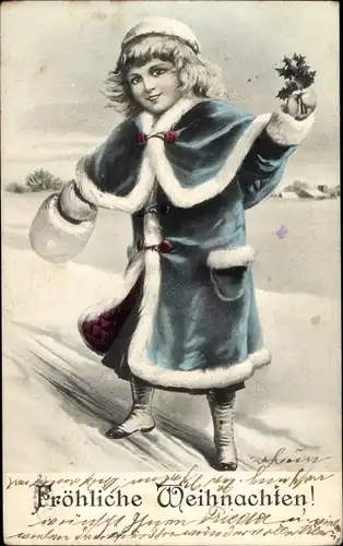 Ak Glückwunsch Weihnachten, Mädchen mit Stechpalme, Muff