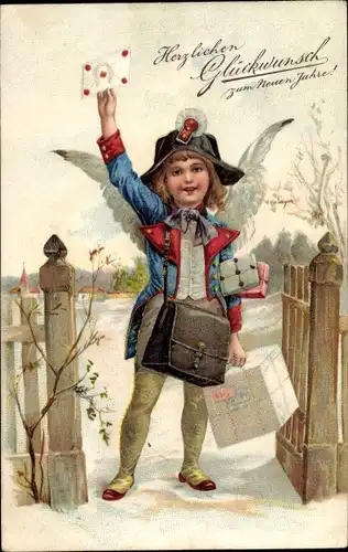 Präge Ak Glückwunsch Neujahr, Engel als Briefträger, Paket, Brief