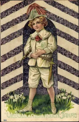 Präge Ak Glückwunsch Neujahr, Junge in Uniform, Blumen, Veilchen