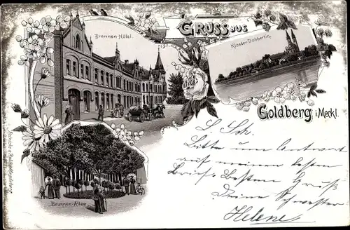 Litho Goldberg Mecklenburg Vorpommern, Brunnen Hotel, Kloster Dobertin, Brunnen Allee