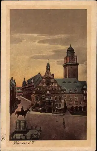 Ak Plauen im Vogtland, Altes und Neues Rathaus mit König Albert Denkmal