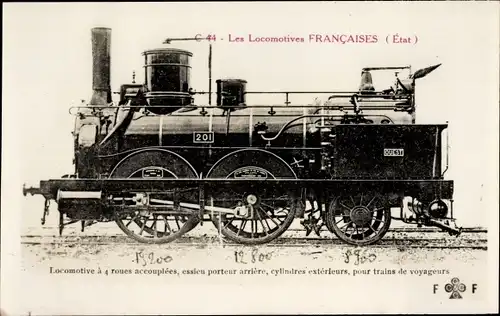 Ak Chemin de Fer, Locomotive a 4 roues accouples, Französische Eisenbahn, Etat, Dampflok No. 201