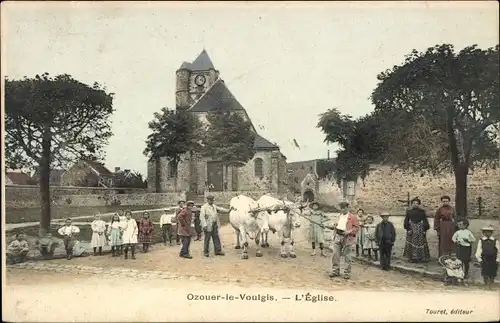 Ak Ozouer le Voulgis Seine et Marne, L'Eglise, Kirche, Ochsenkarren