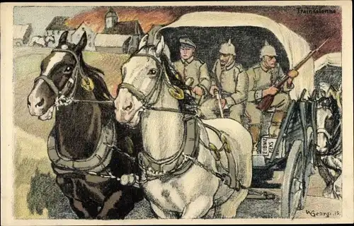 Künstler Ak Georgi, W., Soldaten, Fuhrwerke, Reklame, Leibniz Keks, Bahlsen