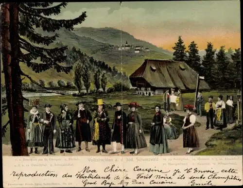 Klapp Ak Volkstrachten aus dem badischen Schwarzwald, Gutachtal, Renchtal, Markgräflerin