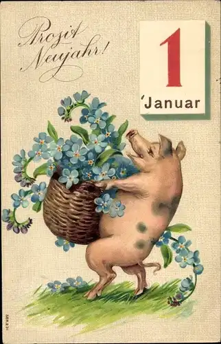 Ak Glückwunsch Neujahr, Schwein trägt Korb mit Vergissmeinnicht, Kalender, 1 Januar