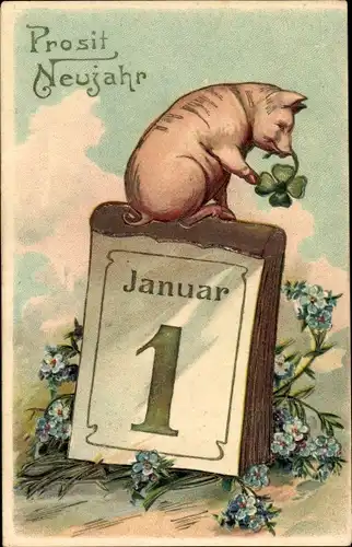 Präge Litho Glückwunsch Neujahr, Schwein sitzt auf einem Kalender, 1 Januar, Vergissmeinnicht