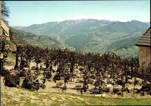 Ak Villanders Villandro Südtirol, Schmiedeeiserne Grabkreuze im Friedhof, Bergpanorama