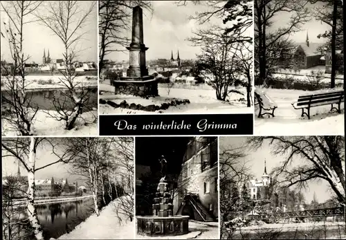 Ak Grimma in Sachsen, Winteransichten, Schnee, Denkmal, Kirche, Brunnen