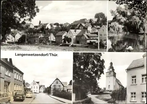 Ak Langenwetzendorf in Thüringen, Ortsansicht, Teich, Kirche, Straßenpartie