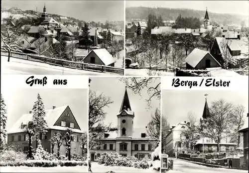 Ak Berga an der Elster Thüringen, Teilansichten, Winter, Kirche, Schnee