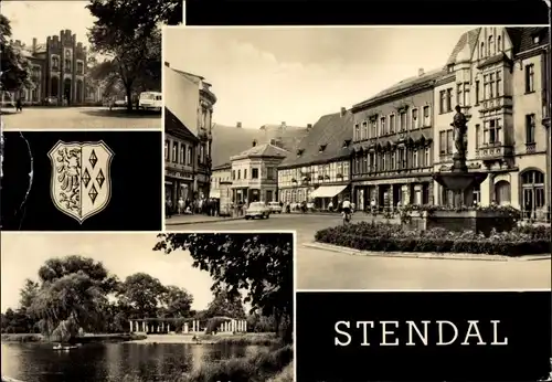 Ak Stendal in der Altmark, Hauptbahnhof, Breite Straße mit Haackebrunnen und Sperlingsida, Wappen