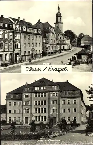 Ak Thum im Erzgebirge Sachsen, Markt, Grund- und Oberschule