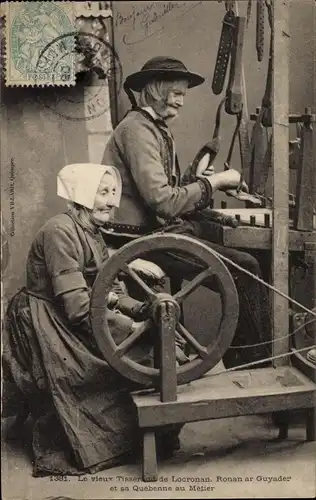 Ak Le Vieux Tisserand de Locronan et sa Quebenne au metier, Spinnrad
