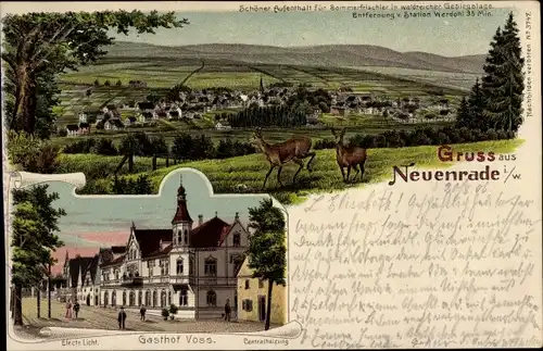 Litho Neuenrade im Sauerland, Gesamtansicht, Rehe, Gasthof Voss