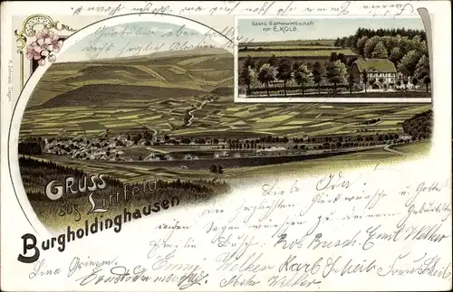 Litho Burgholdinghausen Kreuztal in Westfalen, Gesamtansicht, Gastwirtschaft von E. Kolb