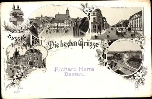 Litho Dessau in Sachsen Anhalt, Kl. Markt, Kavalierstraße, Herzogl. Schloss, Palais