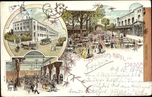 Litho Dessau in Sachsen Anhalt, Bahnhofs Hotel, Straßenbahn, Innenansicht