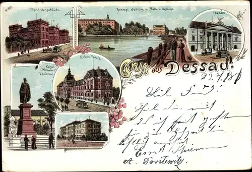 Litho Dessau in Sachsen Anhalt, Behördengebäude, Palais, Theater, Schule, Denkmal